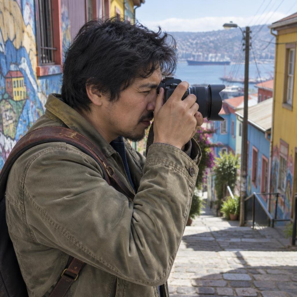 Chilean street photographer taking a photo in a Valparaíso alley
