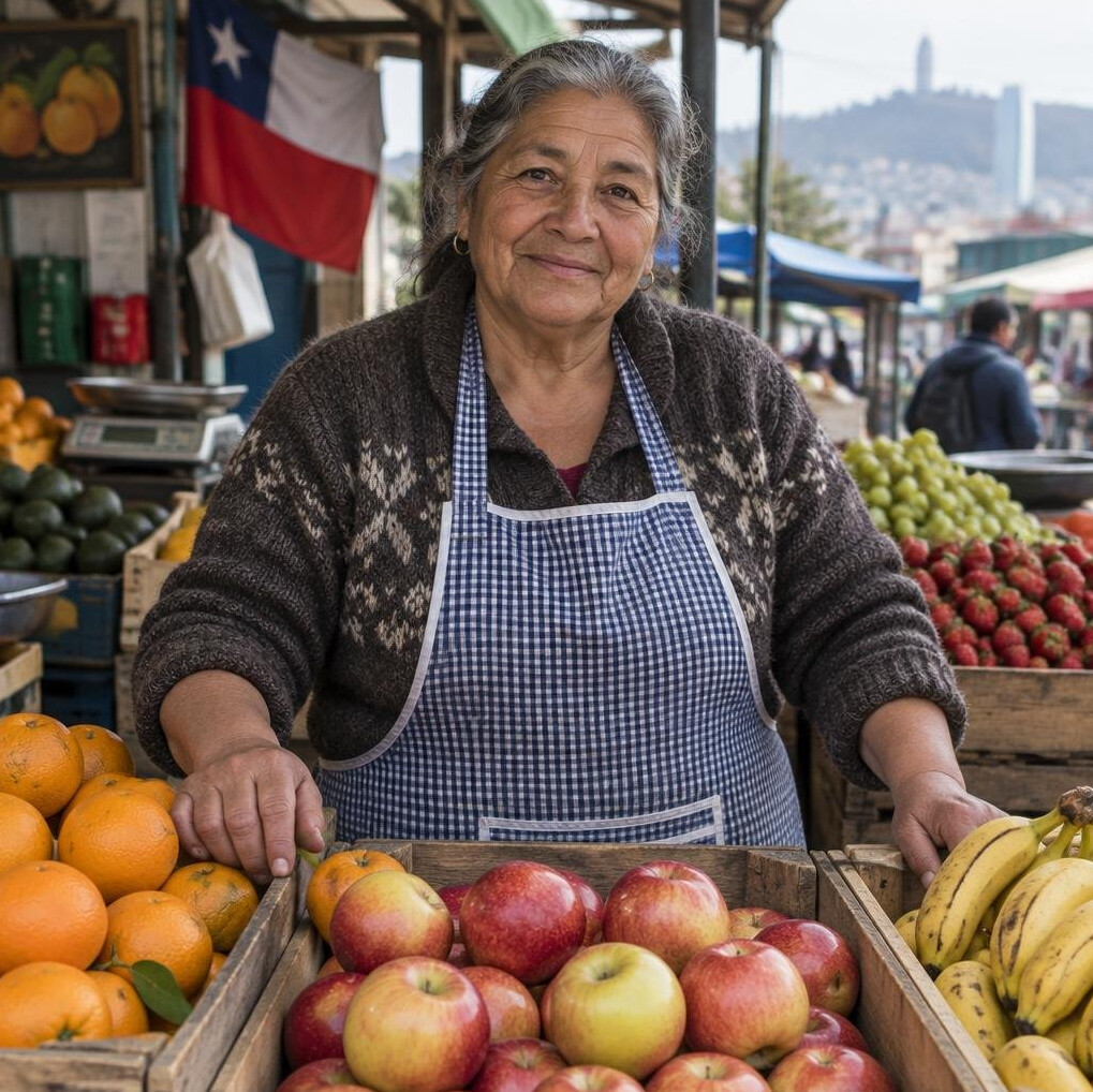 Elderly Chilean woman fruit vendor smiling at her market stall