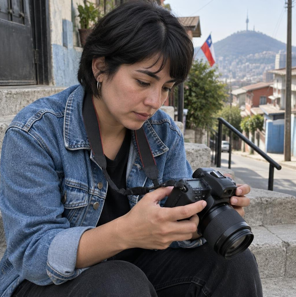 Chilean woman documentary photographer reviewing photos on her camera